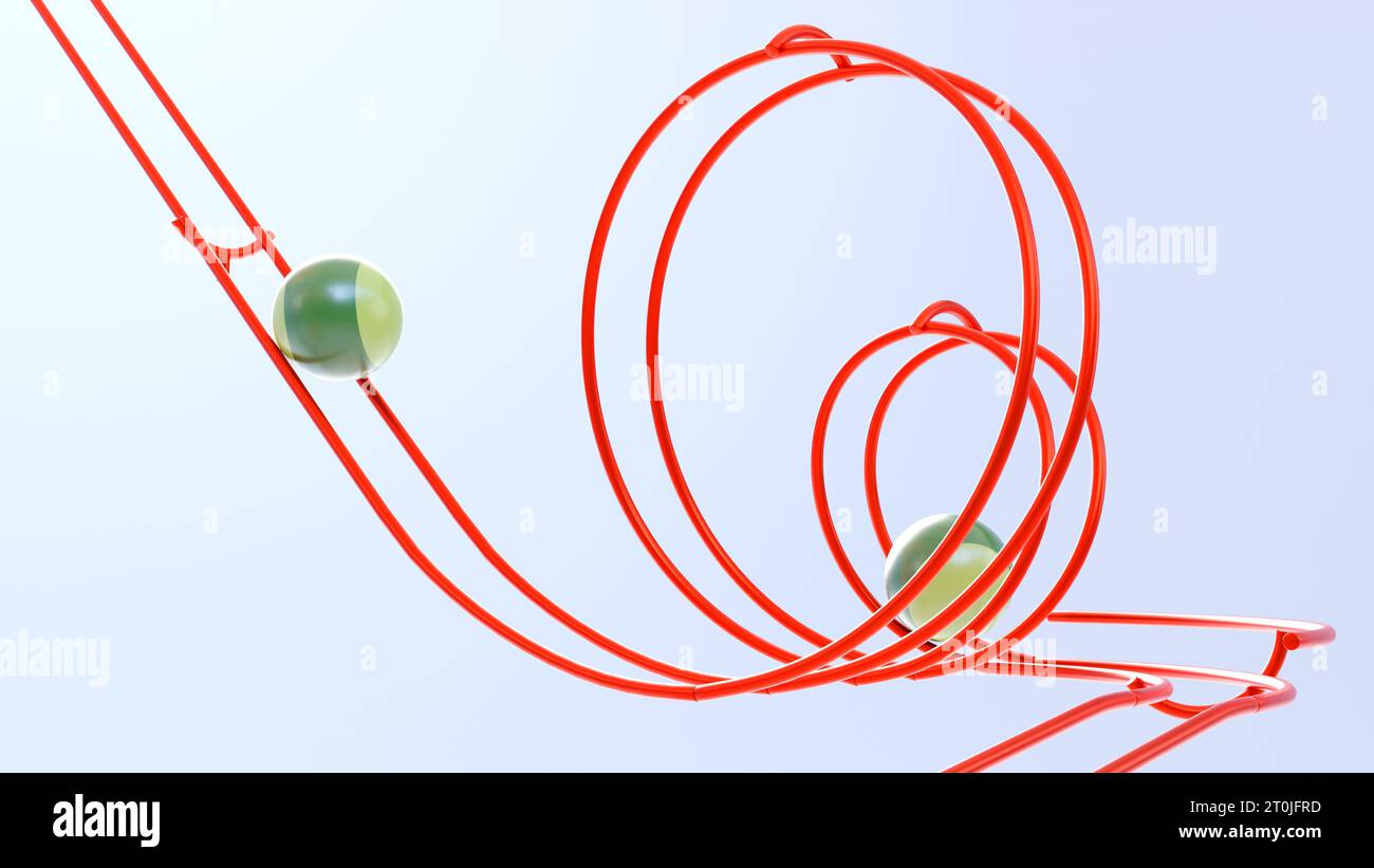 Colorful steel track rolling ball sculpture with plain background