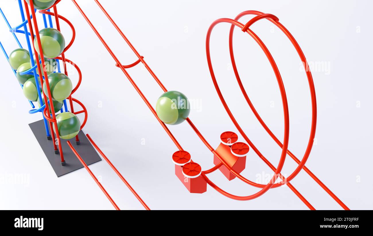 Colorful steel track rolling ball sculpture with plain background