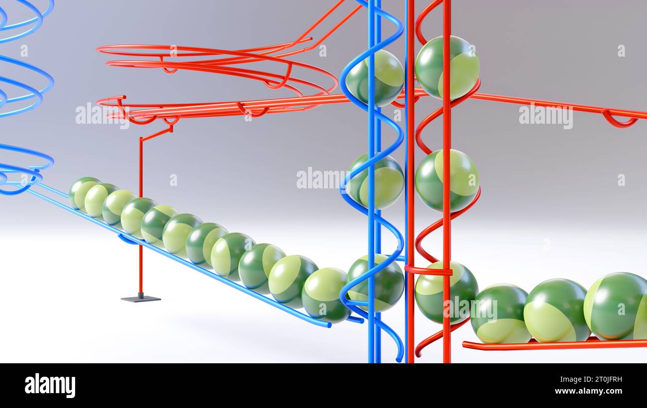 Colorful steel track rolling ball sculpture with plain background