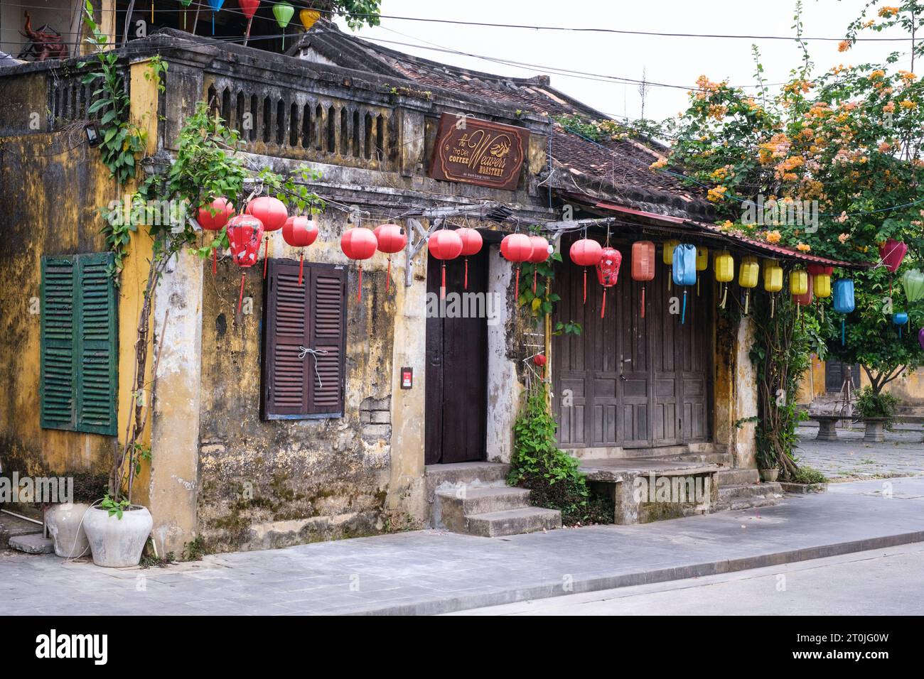 Hoi An, Vietnam. Colonial Era Building Now a Coffee Shop. Stock Photo