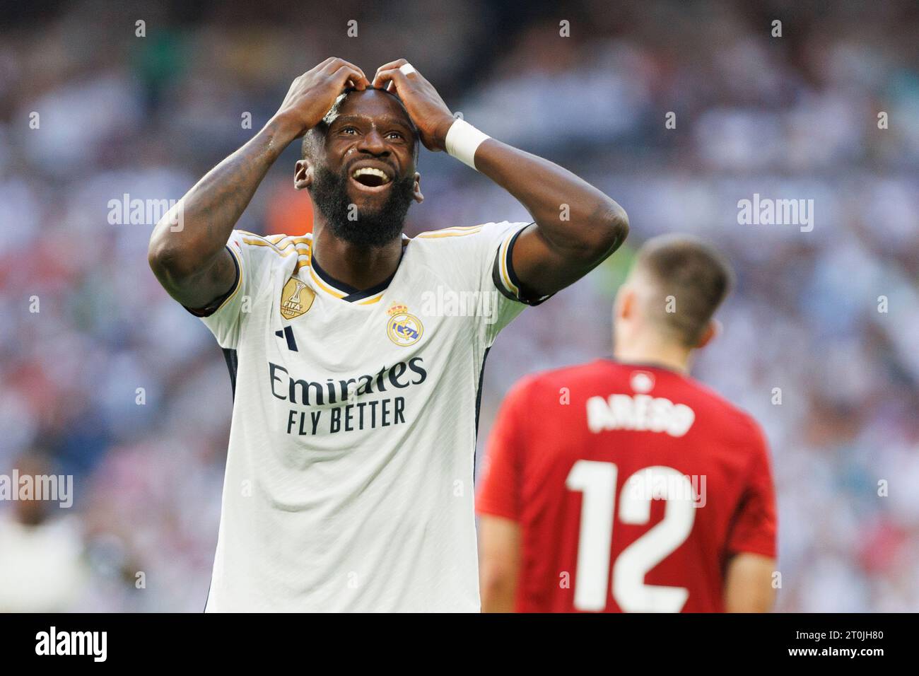 MADRID, SPAIN - OCTOBER 7: Antonio Rudiger of Real Madrid reacts to a ...