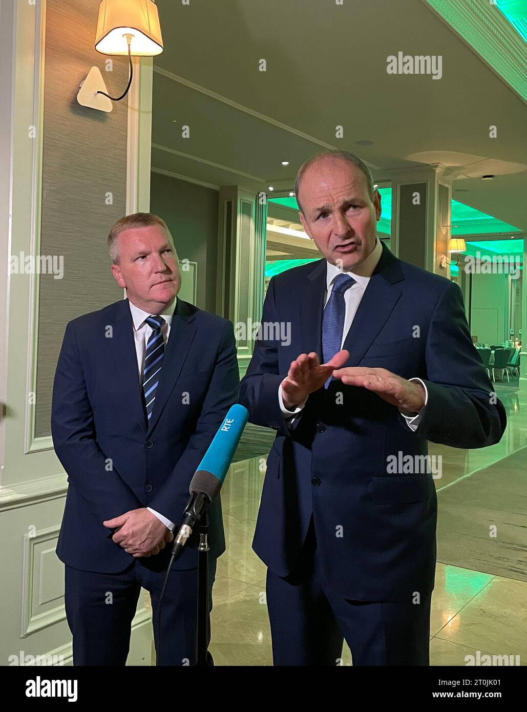 Minister for Finance Michael McGrath and Tanaiste and Minister for Foreign Affairs Micheal Martin answer questions about the budget ahead of a Fianna Fail party event in Dublin. Picture date: Saturday October 7, 2023. Stock Photo