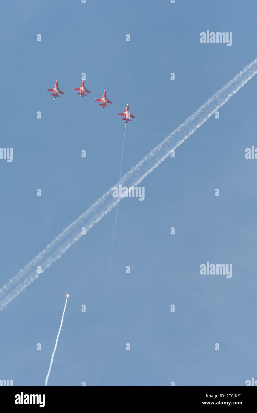 Mollis, Switzerland, August 18, 2023 Patrouille Suisse Northrop F-5E Tiger II military jet doing acrobatic flights during an air display Stock Photo