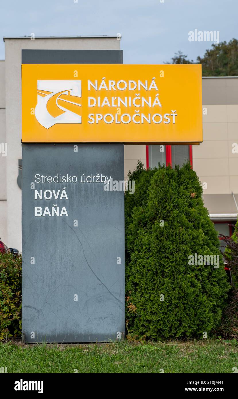 Nova Bana, Slovakia - October, 1, 2023 : The National Motorway Company sign. (Narodna Dialnicna Spolocnost). Stock Photo