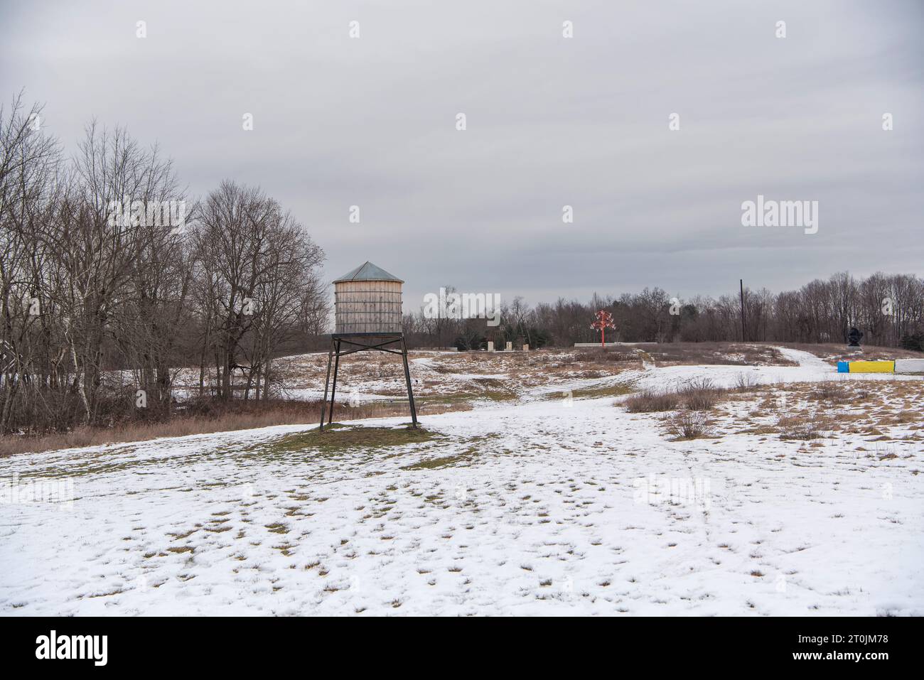 Ghent, New York. January 29, 2023. A modern art display on a snow covered hill at Art Omi in