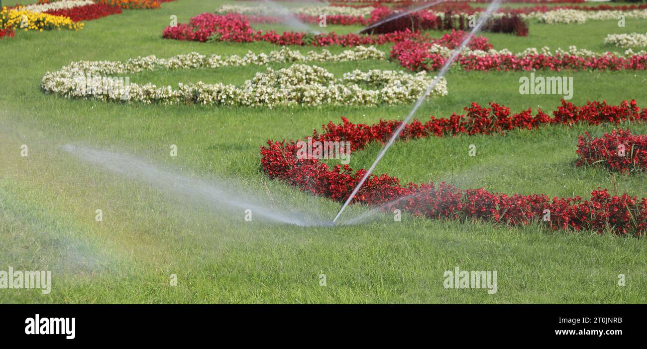 wide flowery garden with automatic irrigation system in operation during the summer Stock Photo