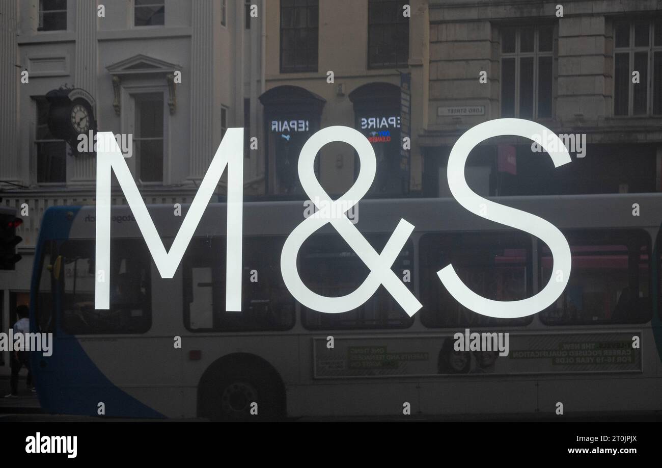 M&S sign in window at Liverpool One Stock Photo