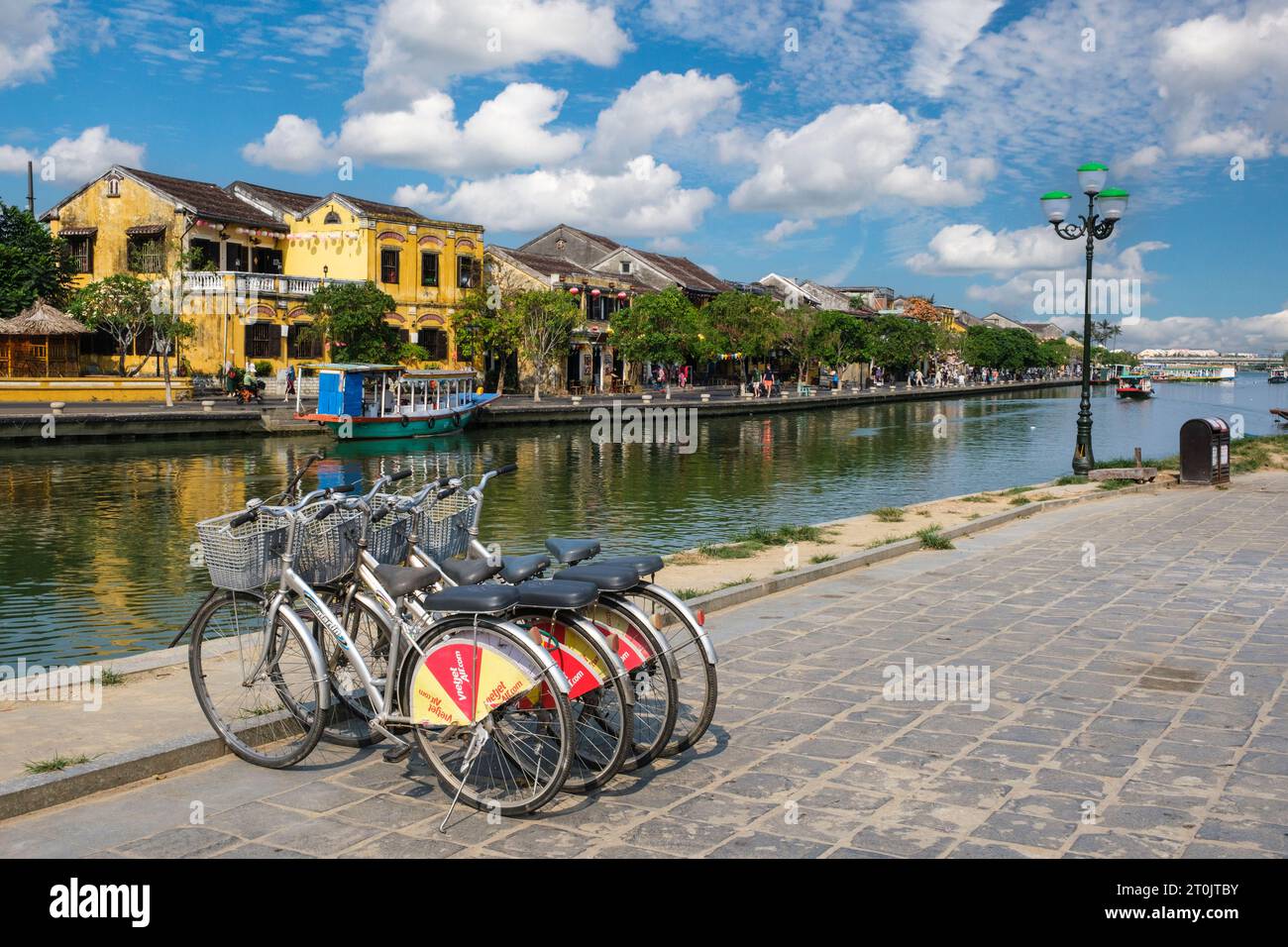 Hoi An, Vietnam. Rental Bicycles Parked along the Thu Bon River. Stock Photo