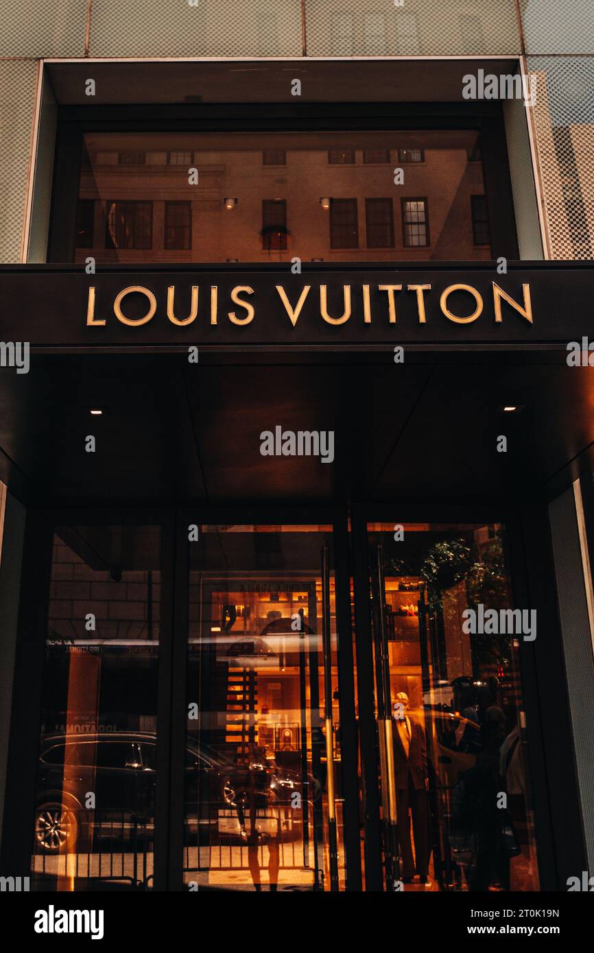 Facade of Louis Vuitton famous luxury boutique located in Manhattan, New York. Louis Vuitton, French fashion house and luxury retail company. Stock Photo