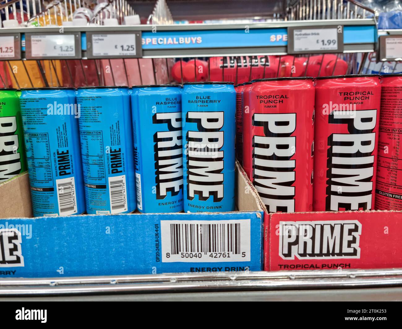 Exeter, UK - 07 October 2023: Prime energy drink for sale at Aldi Stock Photo