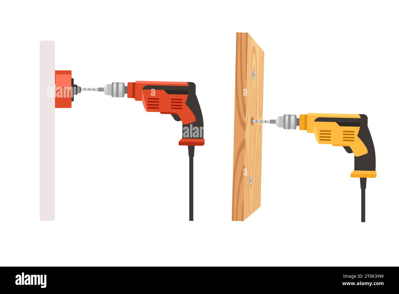 Drill drills holes for bolts in a wooden board vector illustration isolated on white background Stock Vector