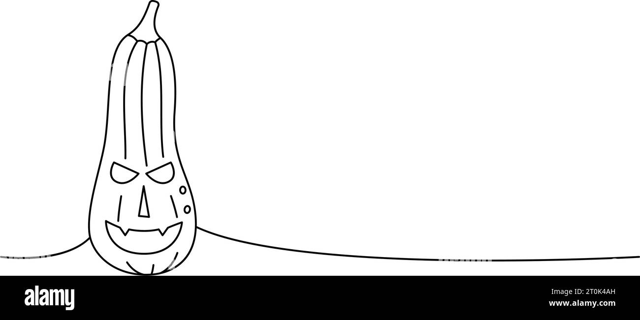 Autumn pumpkin with scary face, vegetable one line continuous drawing ...