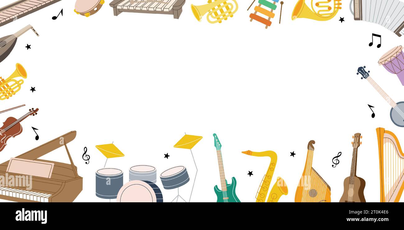 Musical instruments in horizontal banner. Vector illustration for