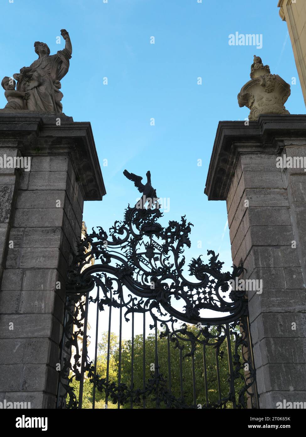 Wrought iron eagle on a gateway to the courtyard garden of the Würzburg Residence Stock Photo