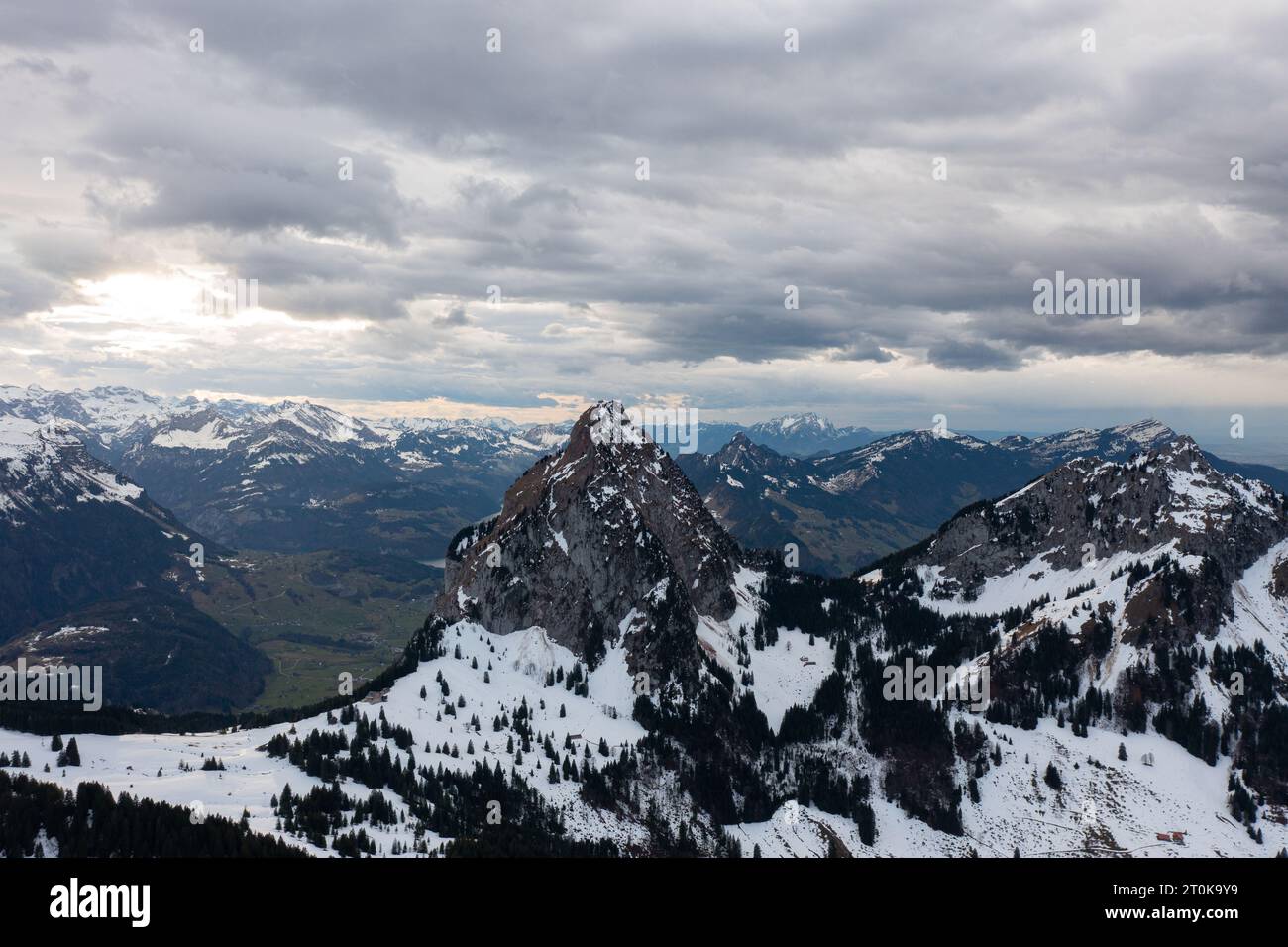 Aerial view of houses and trees on landscape in Grindelwald village ...