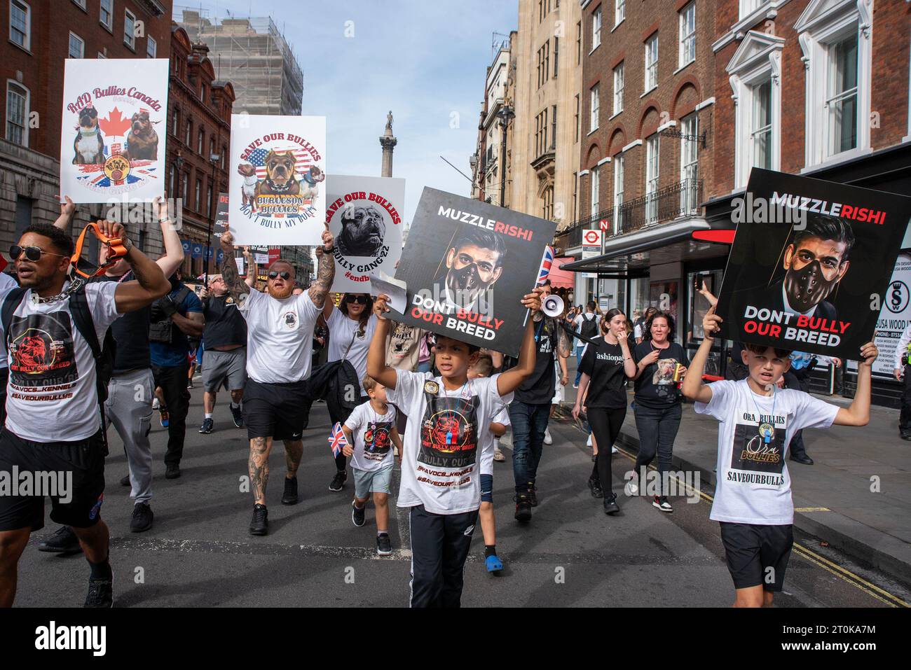 London, UK. 07th Oct, 2023. Protesters hold placards expressing their opinion during the demonstration. The British Government announced on 15th of September the 'American XL Bully' dogs will be banned on the end of 2023 in the UK following a series of horrific attacks. Since that the owners are protesting against the decision of the Government every weekend and blaming the Prime Minister Rishi Sunak personally for that. Credit: SOPA Images Limited/Alamy Live News Stock Photo