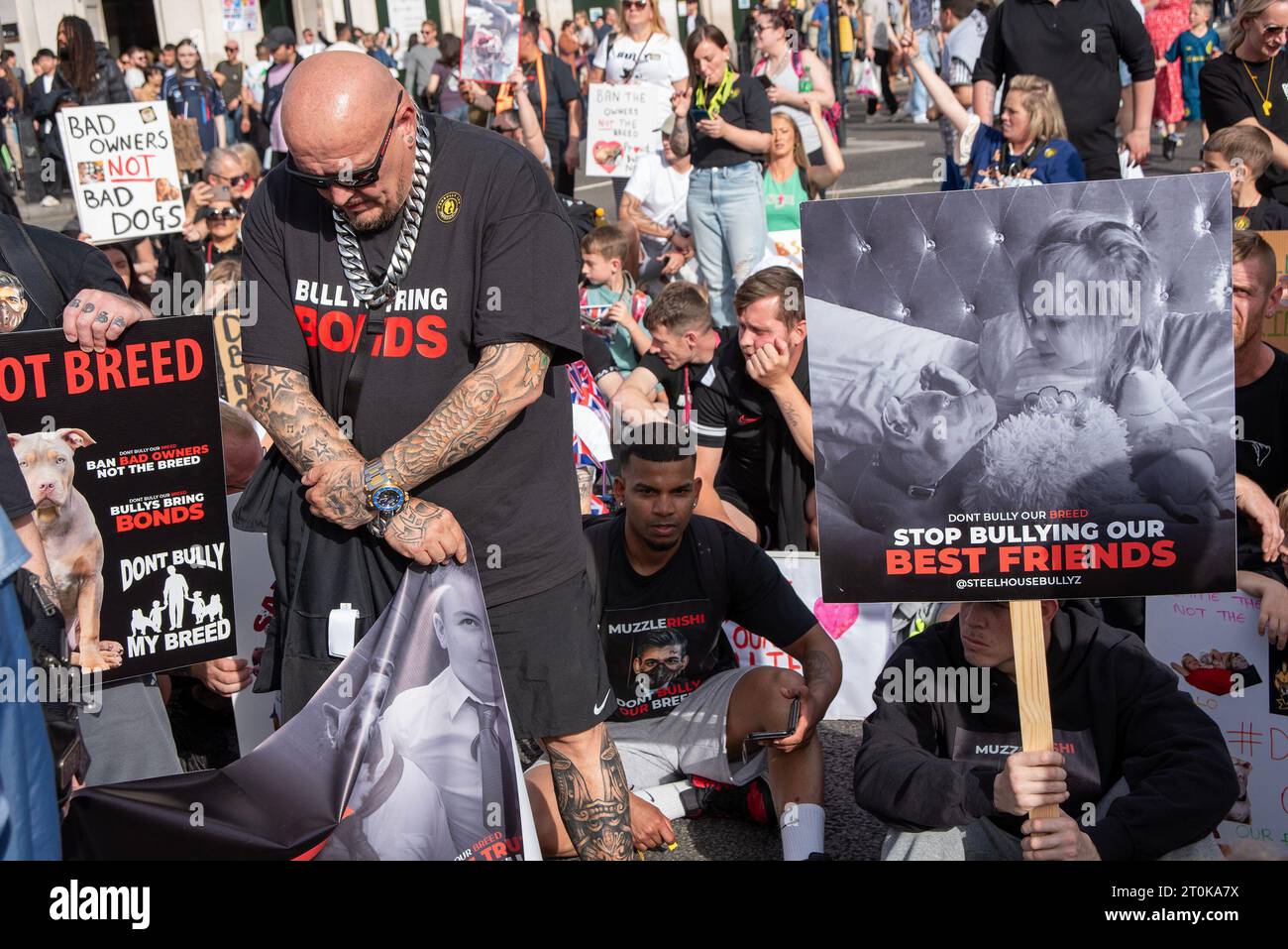 London, UK. 07th Oct, 2023. Protesters hold placards expressing their opinion during the demonstration. The British Government announced on 15th of September the 'American XL Bully' dogs will be banned on the end of 2023 in the UK following a series of horrific attacks. Since that the owners are protesting against the decision of the Government every weekend and blaming the Prime Minister Rishi Sunak personally for that. Credit: SOPA Images Limited/Alamy Live News Stock Photo