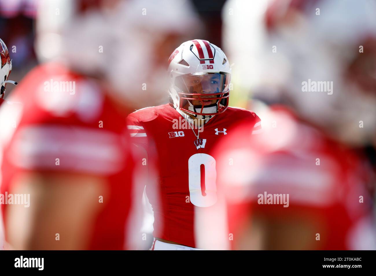 Madison, WI, USA. 7th Oct, 2023. Wisconsin Badgers running back Braelon Allen (0) during warmups before the NCAA Football game between the Rutgers Scarlet Knights and the Wisconsin Badgers at Camp Randall Stadium in Madison, WI. Darren Lee/CSM/Alamy Live News Stock Photo