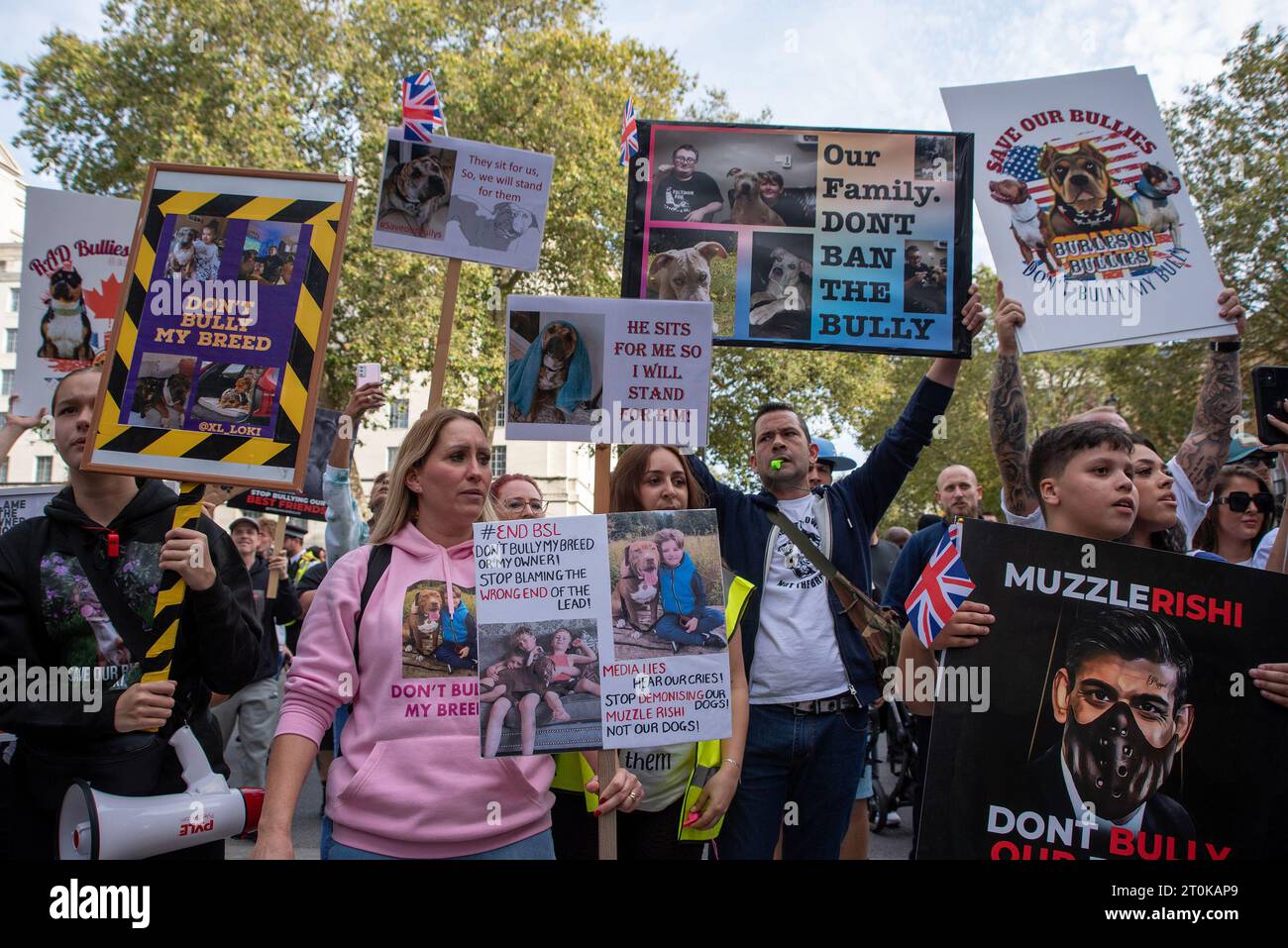 London, UK. 07th Oct, 2023. Protesters hold placards expressing their opinion during the demonstration. The British Government announced on 15th of September the 'American XL Bully' dogs will be banned on the end of 2023 in the UK following a series of horrific attacks. Since that the owners are protesting against the decision of the Government every weekend and blaming the Prime Minister Rishi Sunak personally for that. (Photo by Krisztian Elek/SOPA Images/Sipa USA) Credit: Sipa USA/Alamy Live News Stock Photo