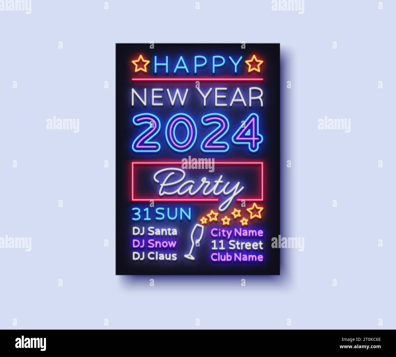 Colorful new year neon 2024 in retro style on light background. Vector