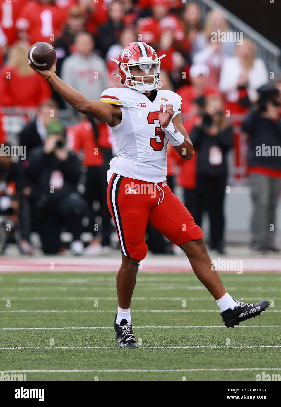 Columbus, United States. 07th Oct, 2023. Maryland Terrapins quarterback Taulia Tagovailoa (3)throws a pass n the second quarter against the Ohio State Buckeyes in Columbus, Ohio on Saturday, October 7, 2023. Photo by Aaron Josefczyk/UPI Credit: UPI/Alamy Live News Stock Photo