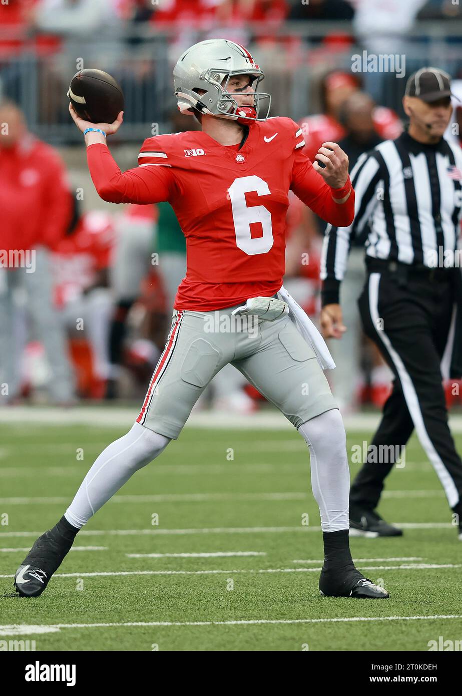 Columbus, United States. 07th Oct, 2023. Ohio State Buckeyes quarterback Kyle McCord throws a pass during the second half against the Maryland Terrapins in Columbus, Ohio on Saturday, October 7, 2023. Photo by Aaron Josefczyk/UPI Credit: UPI/Alamy Live News Stock Photo