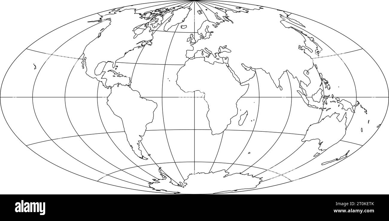 Simplified Map of World with latitude - Simplified Map Of World With Latitude And Longitude Grid Aitoff Projection White Land With Black Stroke Vector Illustration 2T0KETK