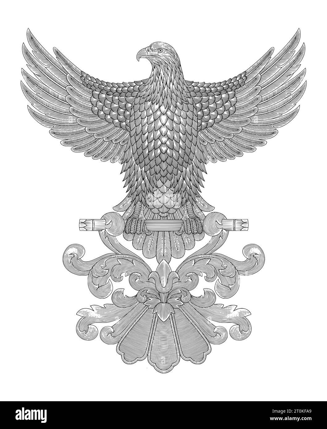 Bald eagle spread wing and standing on top of the floral ornament