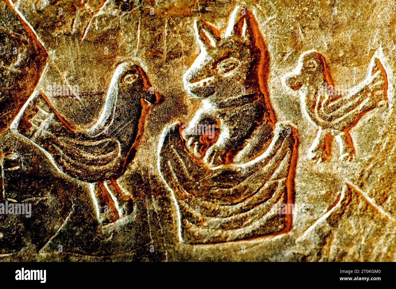 Carlisle Castle, prisoner's carving, on prison cell wall, fox preaching from pulpit, Cumbria, England Stock Photo