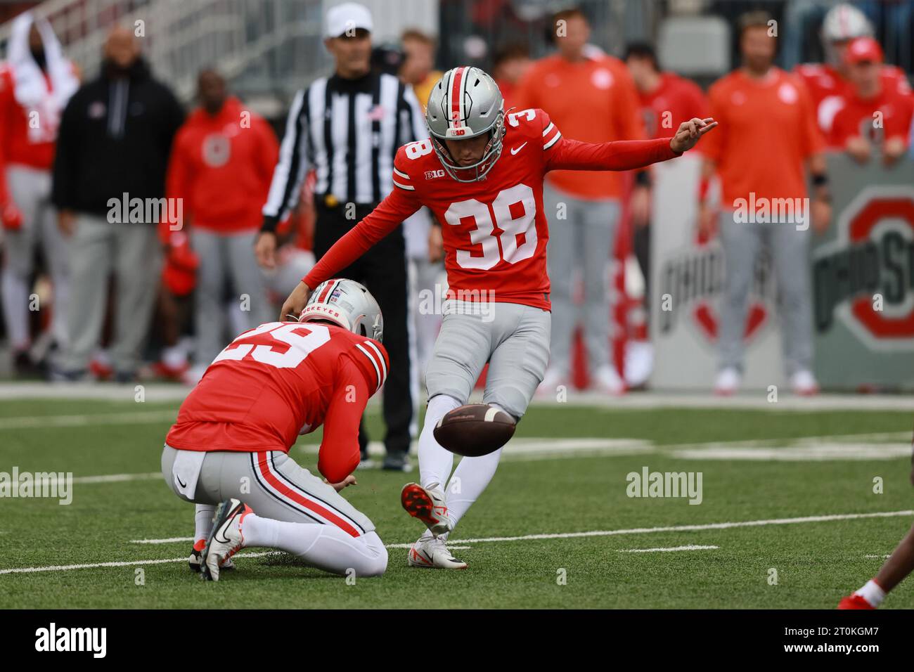 Columbus, United States. 07th Oct, 2023. Ohio State Buckeyes Jayden Fielding (38) kicks a field goal during the fourth quarter against the Maryland Terrapins in Columbus, Ohio on Saturday, October 7, 2023. Photo by Aaron Josefczyk/UPI Credit: UPI/Alamy Live News Stock Photo