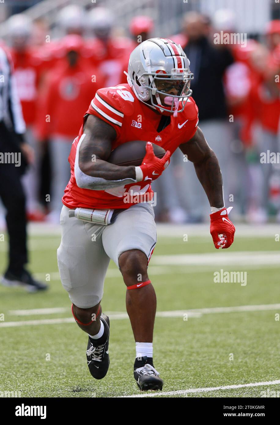 Columbus, United States. 07th Oct, 2023. Ohio State Buckeyes Chip Trayanum (19) runs free for a touchdown against the Maryland Terrapins in the fourth quarter in Columbus, Ohio on Saturday, October 7, 2023. Photo by Aaron Josefczyk/UPI Credit: UPI/Alamy Live News Stock Photo