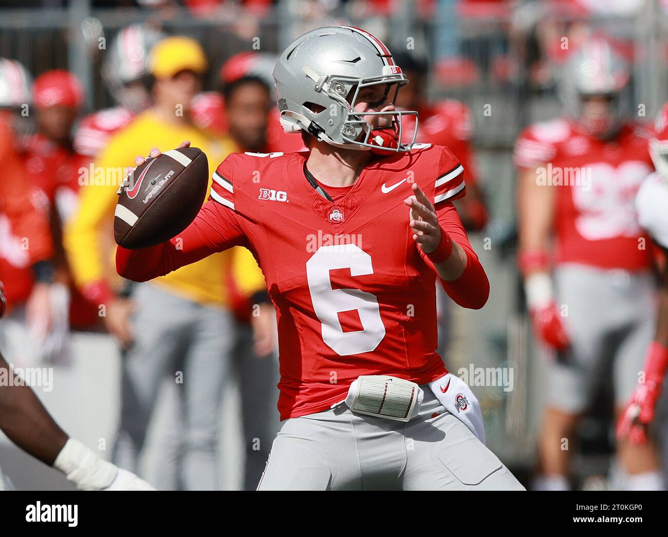 Columbus, United States. 07th Oct, 2023. Ohio State Buckeyes quarterback Kyle McCord (6) throws a pass during the first quarter against the Maryland Terrapins in Columbus, Ohio on Saturday, October 7, 2023. Photo by Aaron Josefczyk/UPI Credit: UPI/Alamy Live News Stock Photo