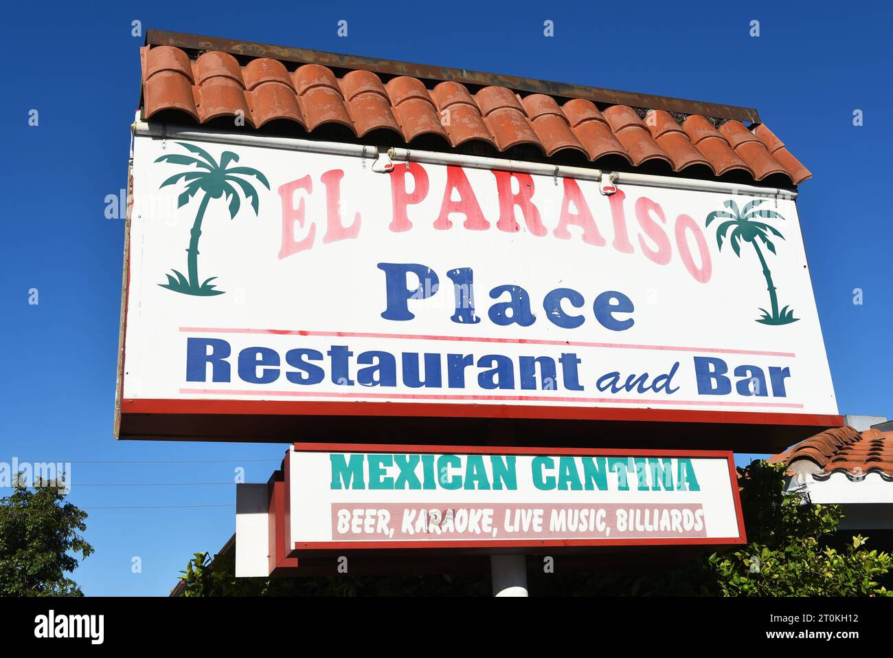SANTA ANA, CALIFORNIA - 4 OCT 2023: Sign at the El Paraiso Place Restaurant and Bar on 1st Street. Stock Photo