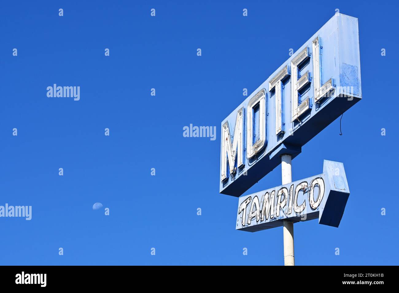 ANAHEIM, CALIFORNIA - 24 SEPT 2023: Closeup of the Tampico Motel arrow sign on State College Blvd, currently closed while undergoing renovations. Stock Photo