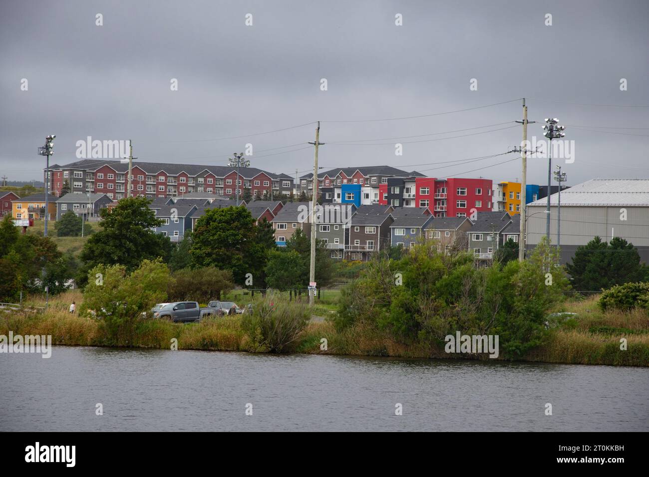 Colorful apartment buildings overlooking Quidi Vidi Lake in St. John's, Newfoundland & Labrador