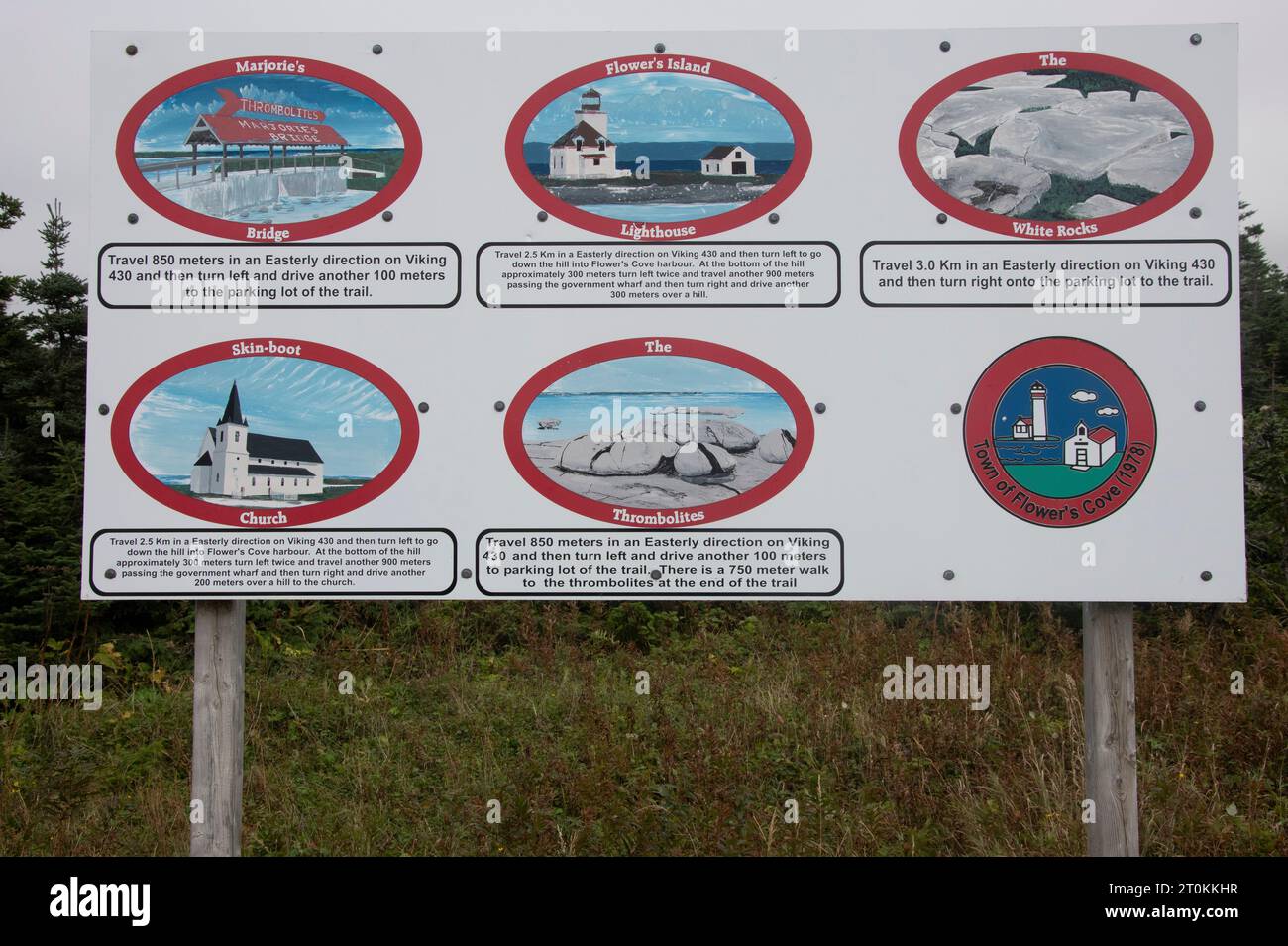 List of attractions sign in Flower's Cove, Newfoundland & Labrador, Canada Stock Photo