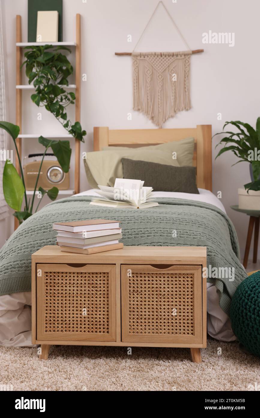 Large comfortable bed and potted houseplants in stylish bedroom ...