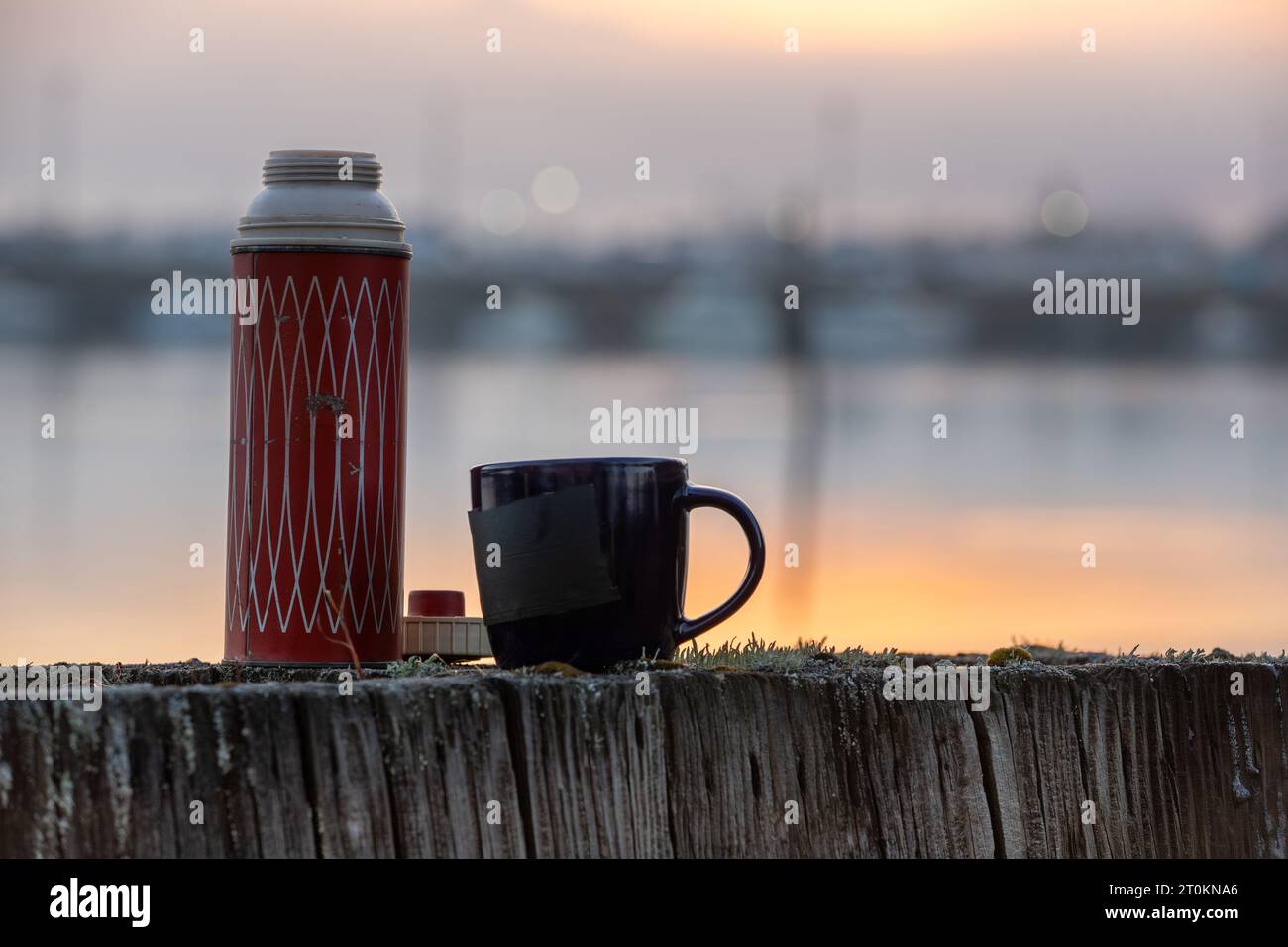 Steel Thermos With A Cup Of Hot Tee Standing On Old Stump In