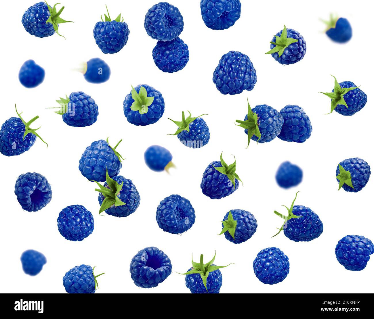 Many fresh blue raspberries falling on white background Stock Photo - Alamy