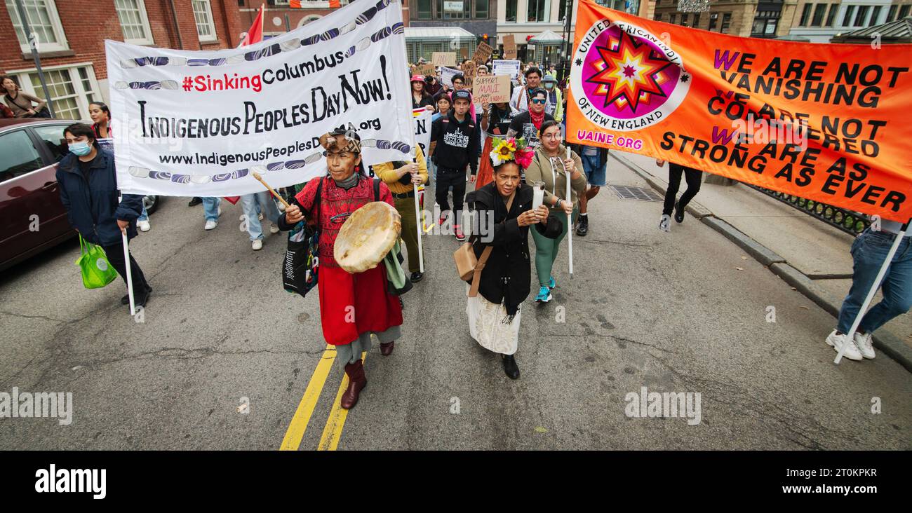 Indigenous Peoples Day, Boston, Massachusetts, USA. 7th Oct. 2023.  About 100 people demonstrated and marched through central Boston in support of renaming the United States National holiday of Columbus Day to Indigenous Peoples Day.  Credit: Chuck Nacke / Alamy Live News Stock Photo