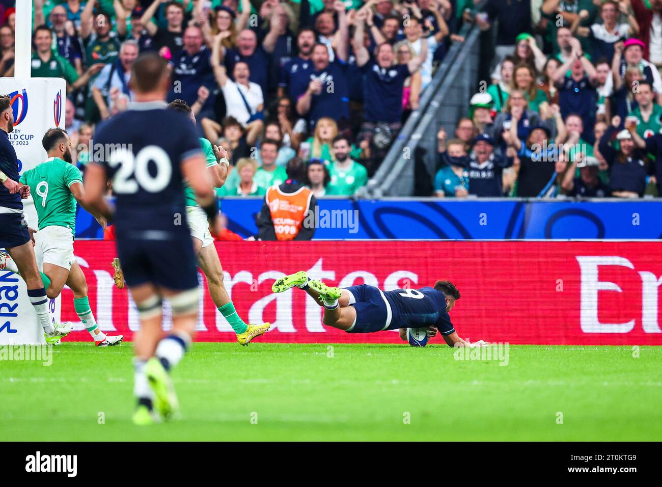 Ali Price #9 of Scotland scores during the Rugby World Cup Pool B match ...