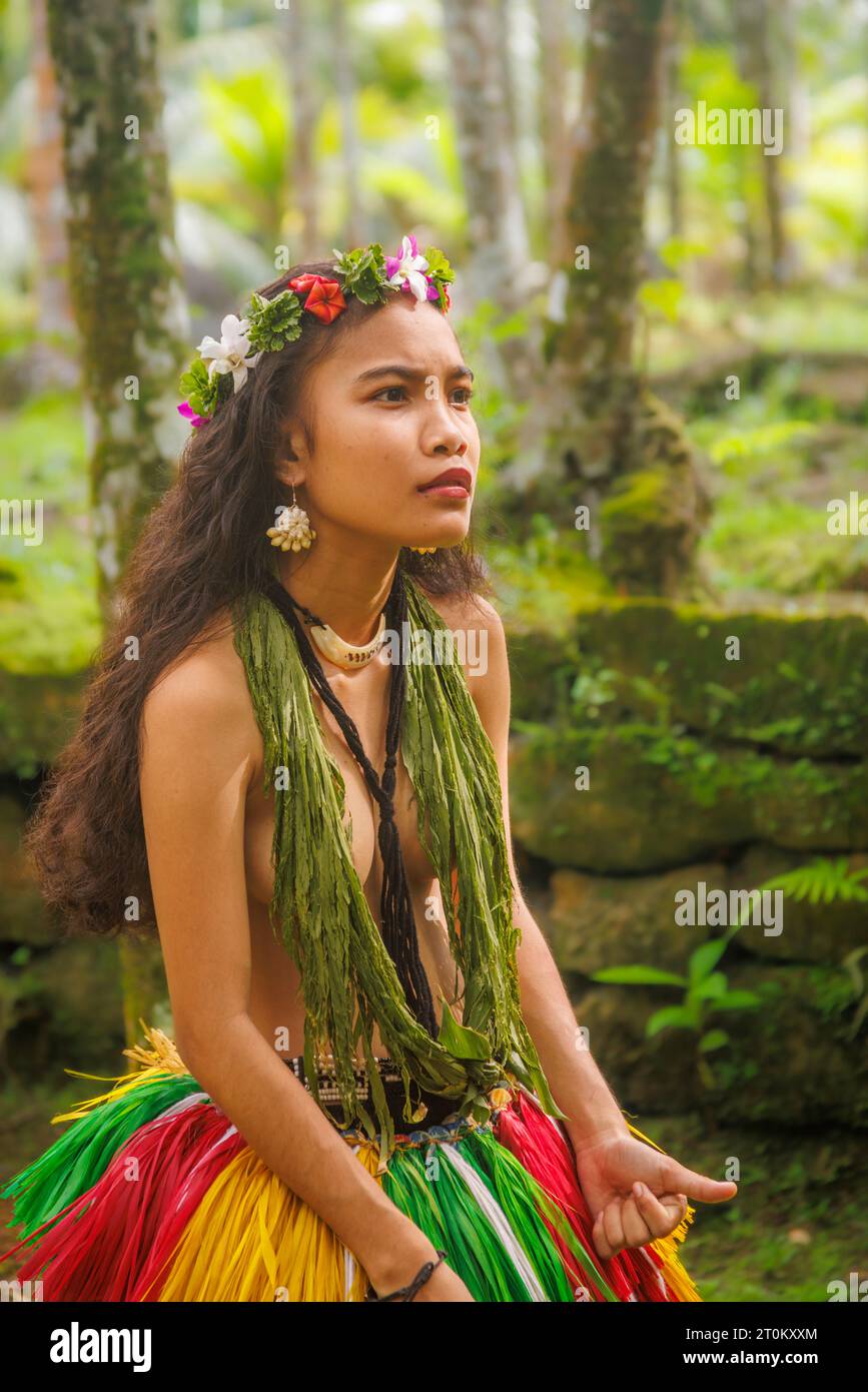 Native Yapese girl in traditional clothing, pictured in her village on the island of Yap, Micronesia. Stock Photo