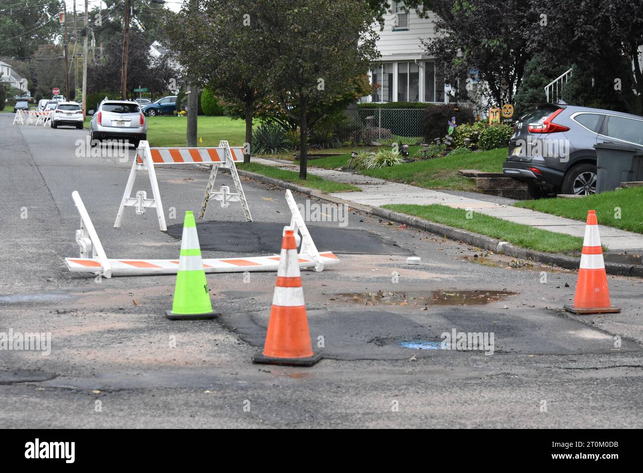 Hawthorne United States 07th - Hawthorne United States 07th Oct 2023 Barriers Block The Roadway Where The Sinkhole Occurred Roads Blocked And Paved Following Heavy Rainfall And Flooding In Hawthorne New Jersey United States Flooding Impacted The Area From Heavy Rainfall And Extreme Weather Causing A Sinkhole No Injuries Were Reported Credit Sopa Images Limitedalamy Live News 2T0M0DB 