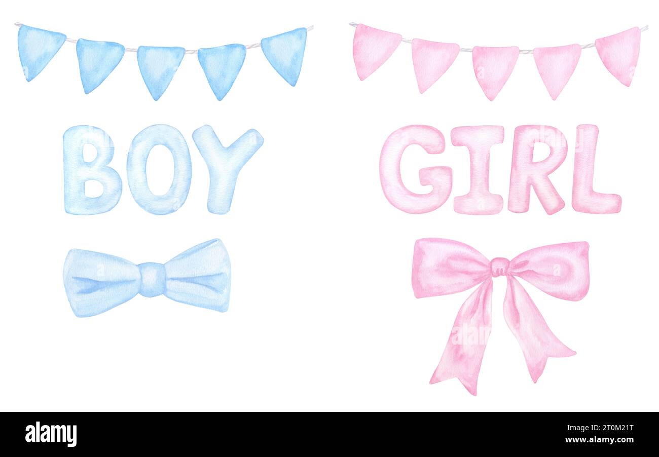 Blue bowtie, pink bow ribbon, words girl boy, flags. Hand drawn