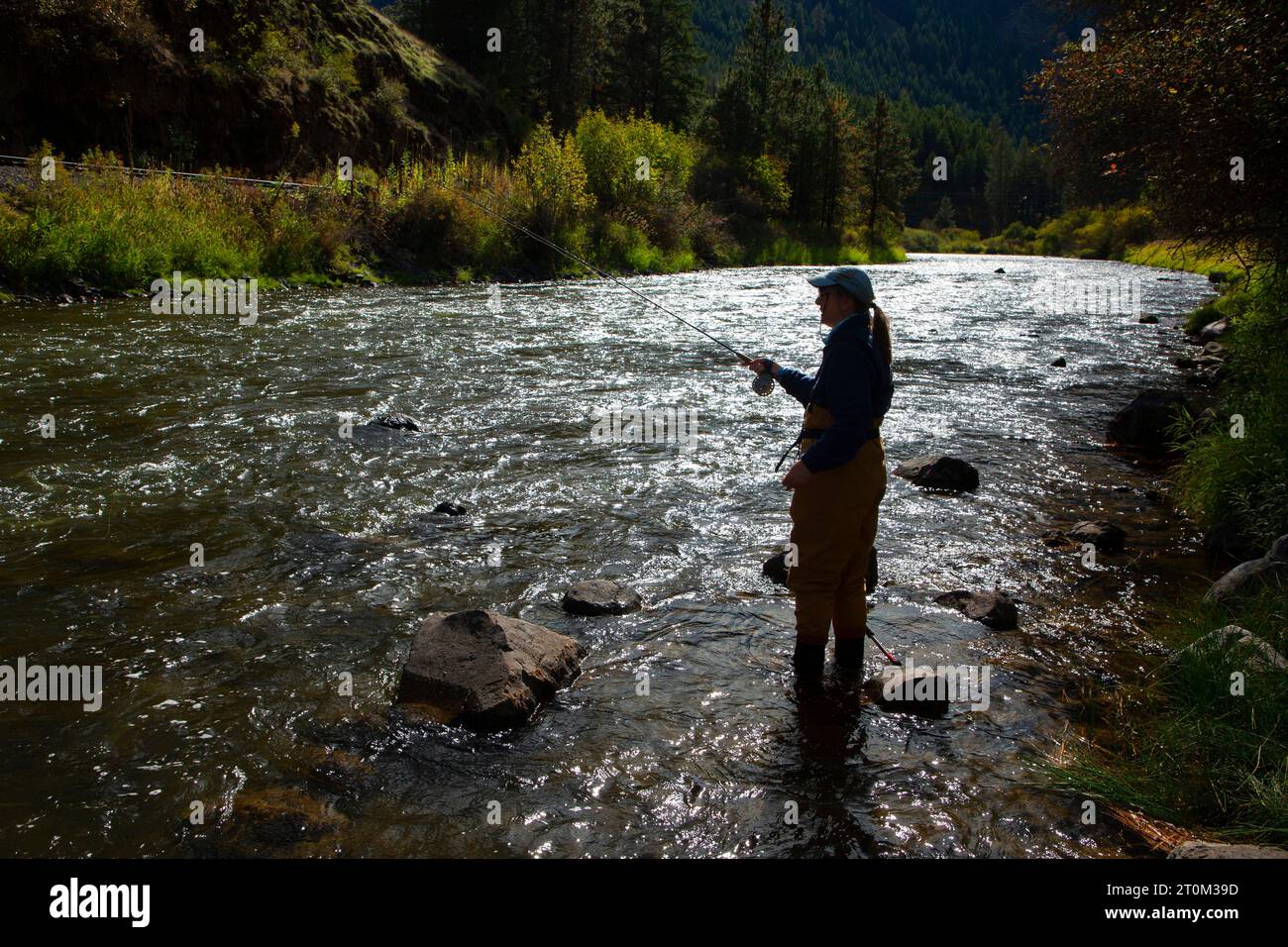Fly fishing silhouette on Wallowa River, Wallowa Lake Highway Forest