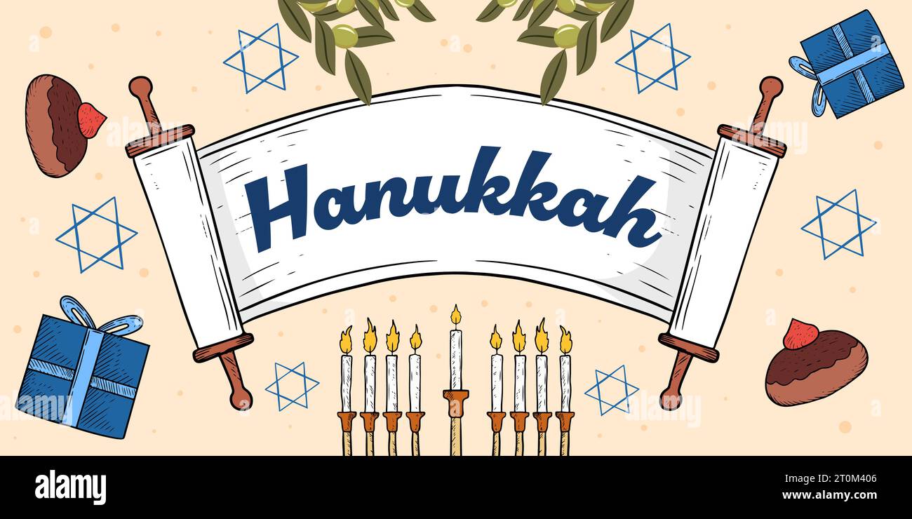 hand drawn vector happy hanukkah horizontal banner illustration Stock Vector