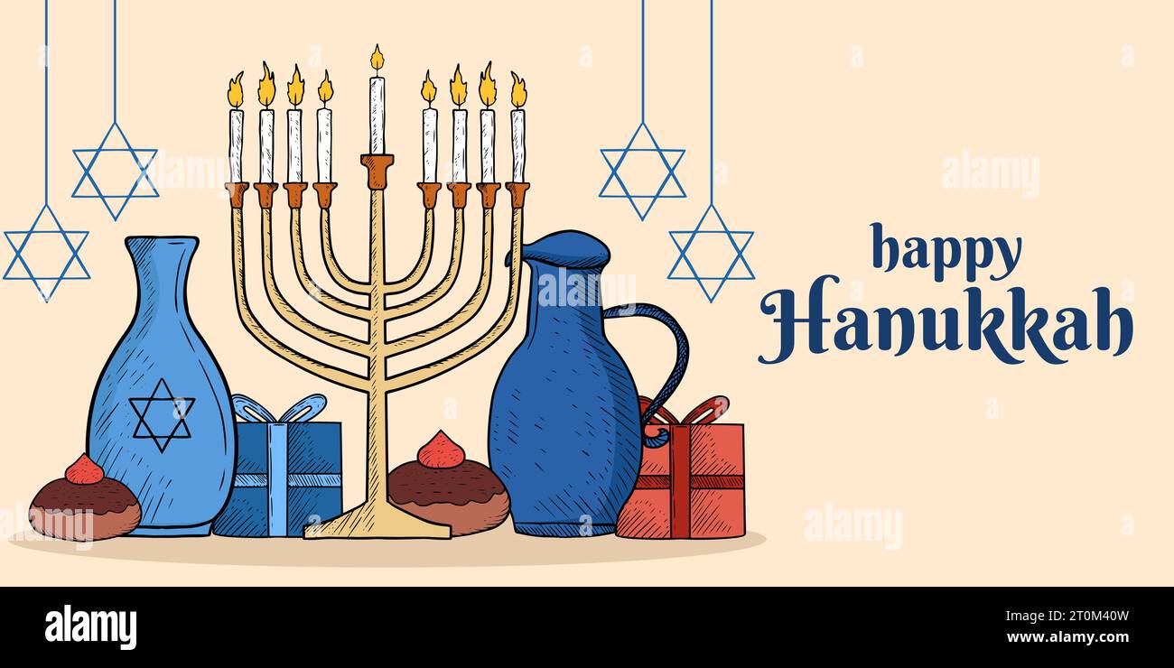 hand drawn happy hanukkah horizontal banner illustration vector design Stock Vector