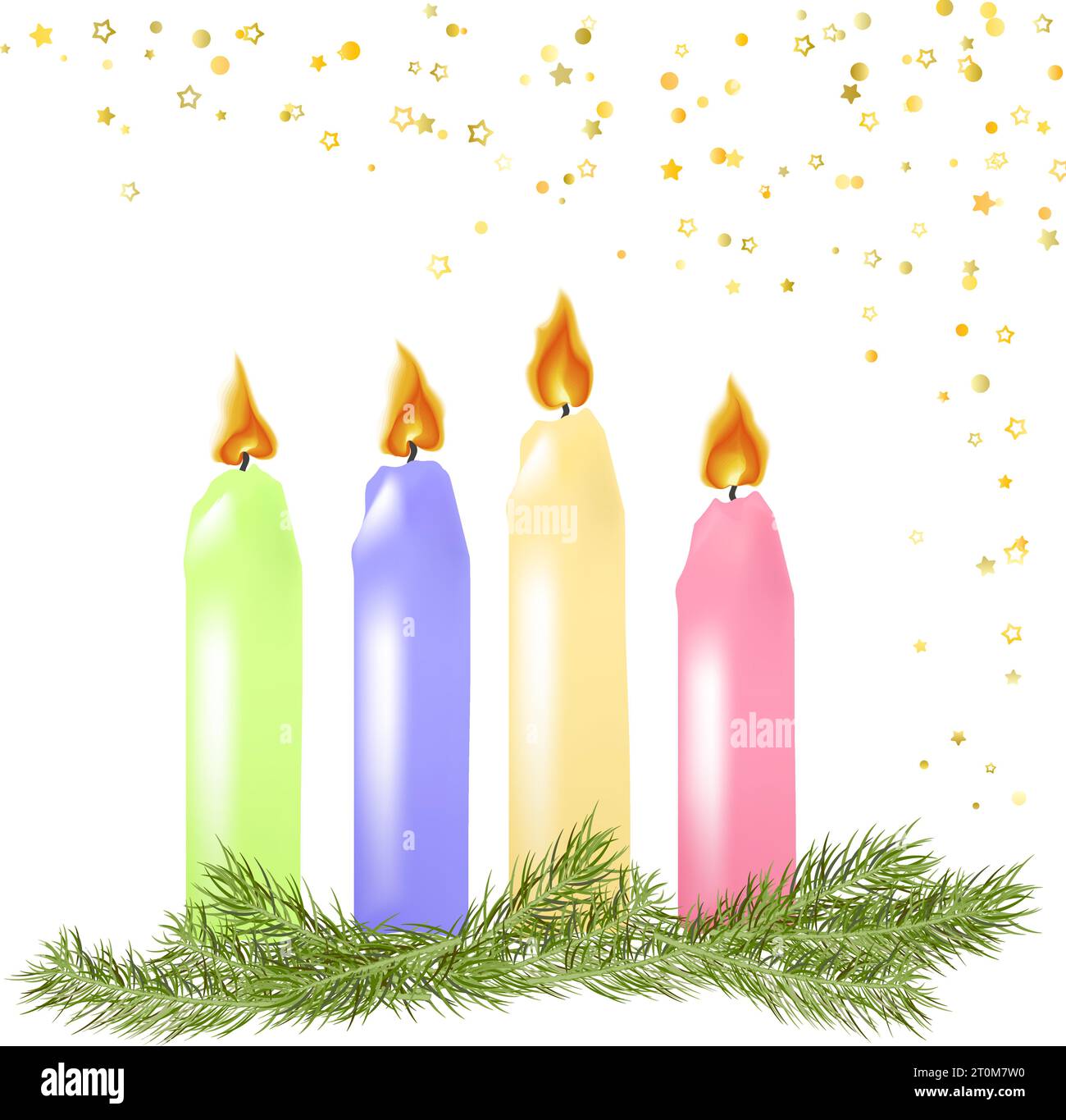 Four beautiful Advent Christmas burning candles with festive decorations.Christmas wreath of fir branches, colored burning candles and bright star con Stock Vector