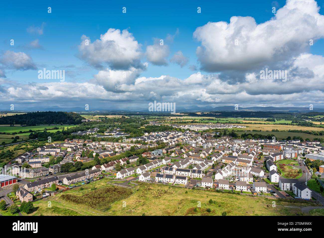 Aerial view of the city of Stirling at the foot of the medieval castle ...