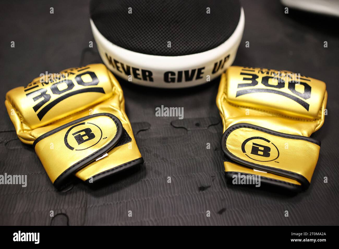 October 7, 2023: Bellator MMA 300 special edition gold gloves on